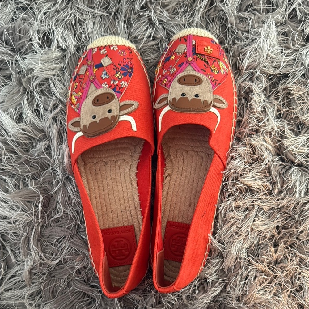 Brand New Tory Burch Red Espadrilles with Bull Design
